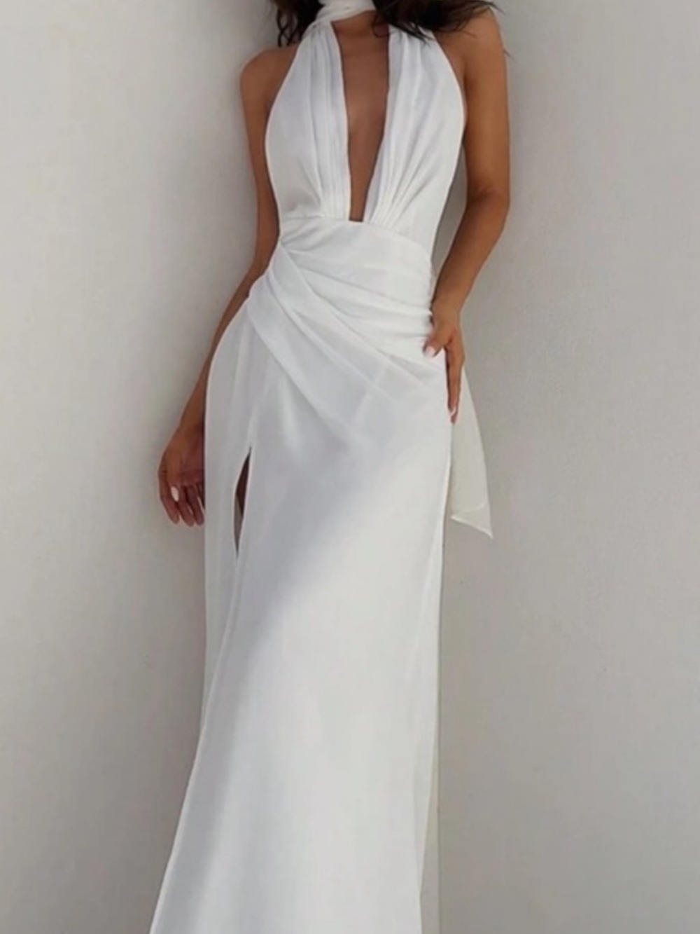 White Halter Plunge Wrap Maxi Dress - Elegant Women's Evening Gown